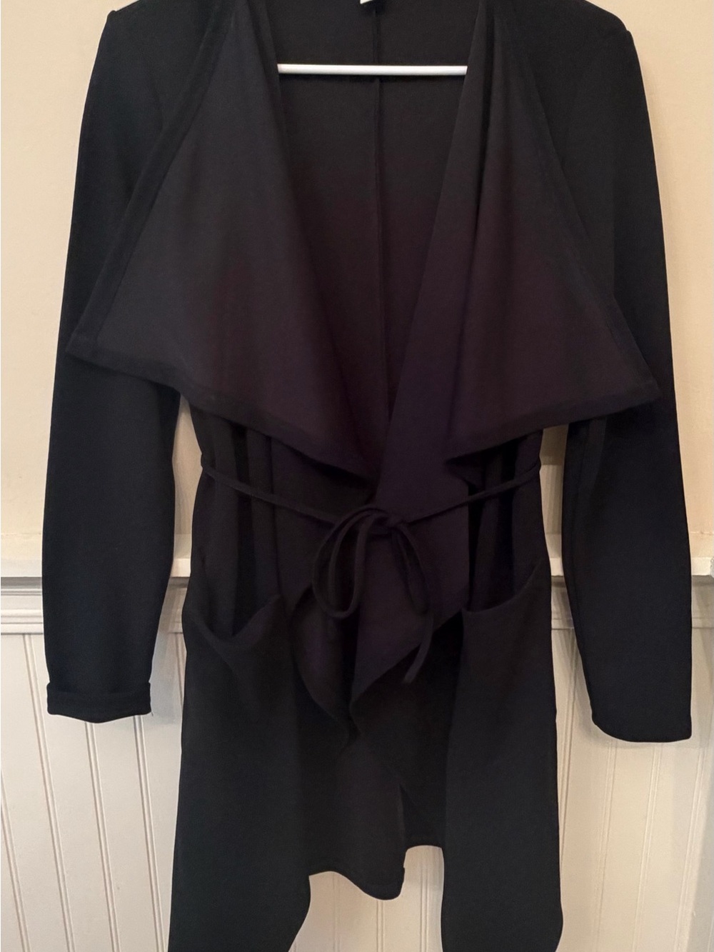 Black Draped Open Front Cardigan with Tie Waist